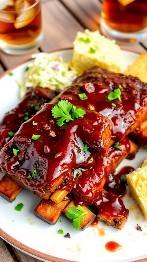 Delicious barbecue ribs glazed with barbecue sauce, served with coleslaw and cornbread on a rustic table.
